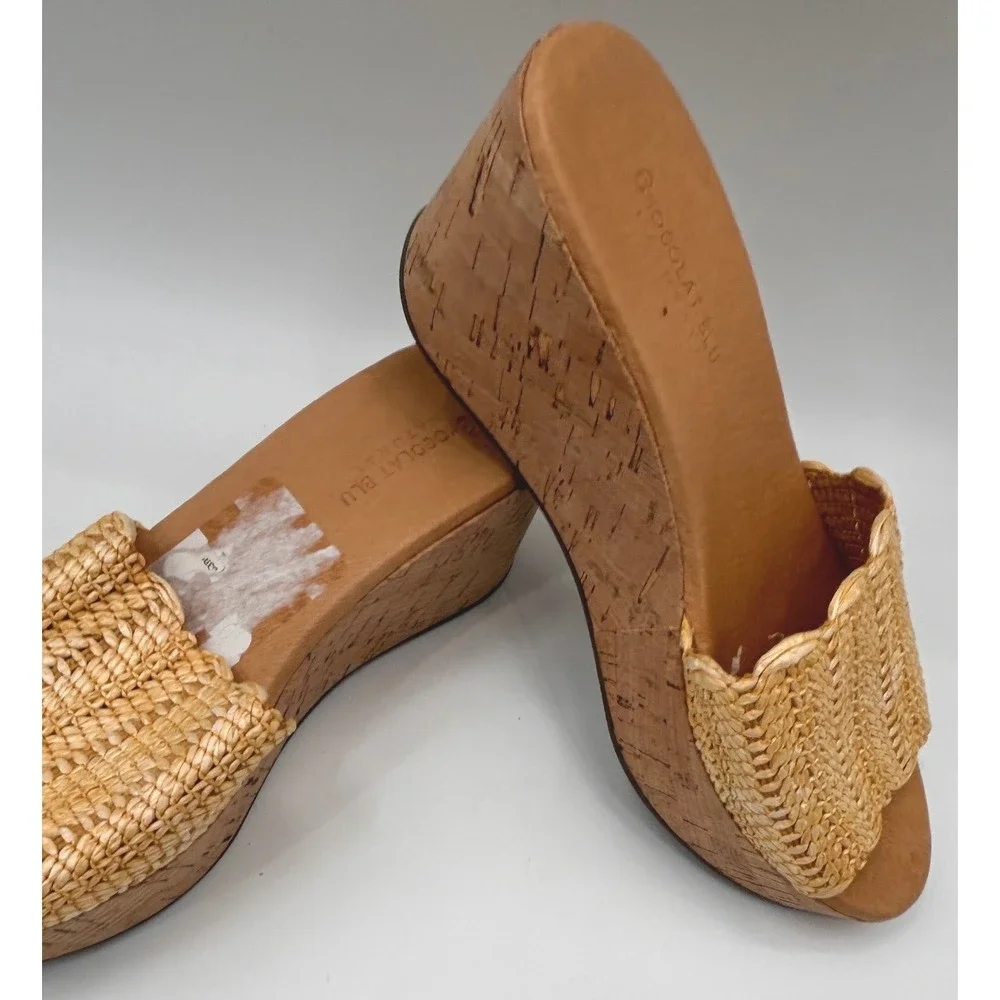 Chocolat Blu Gilda Raffia Platform Slide Sandals Size 8 Resort Boho Chic Beach
